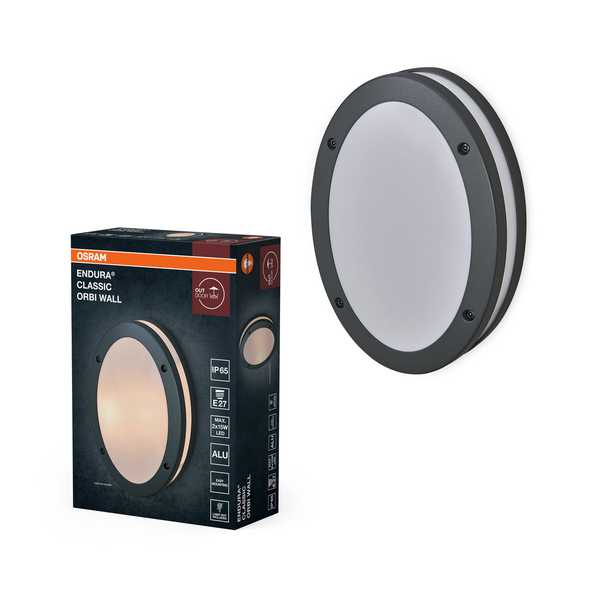 OSRAM ENDURA CLASSIC ORBI W Lámpara de exterior, aplique, casquillo E27, gris oscuro, aluminio, instalación rápida y sencilla, difusor mate, clase de protección IP65, uso en exteriores