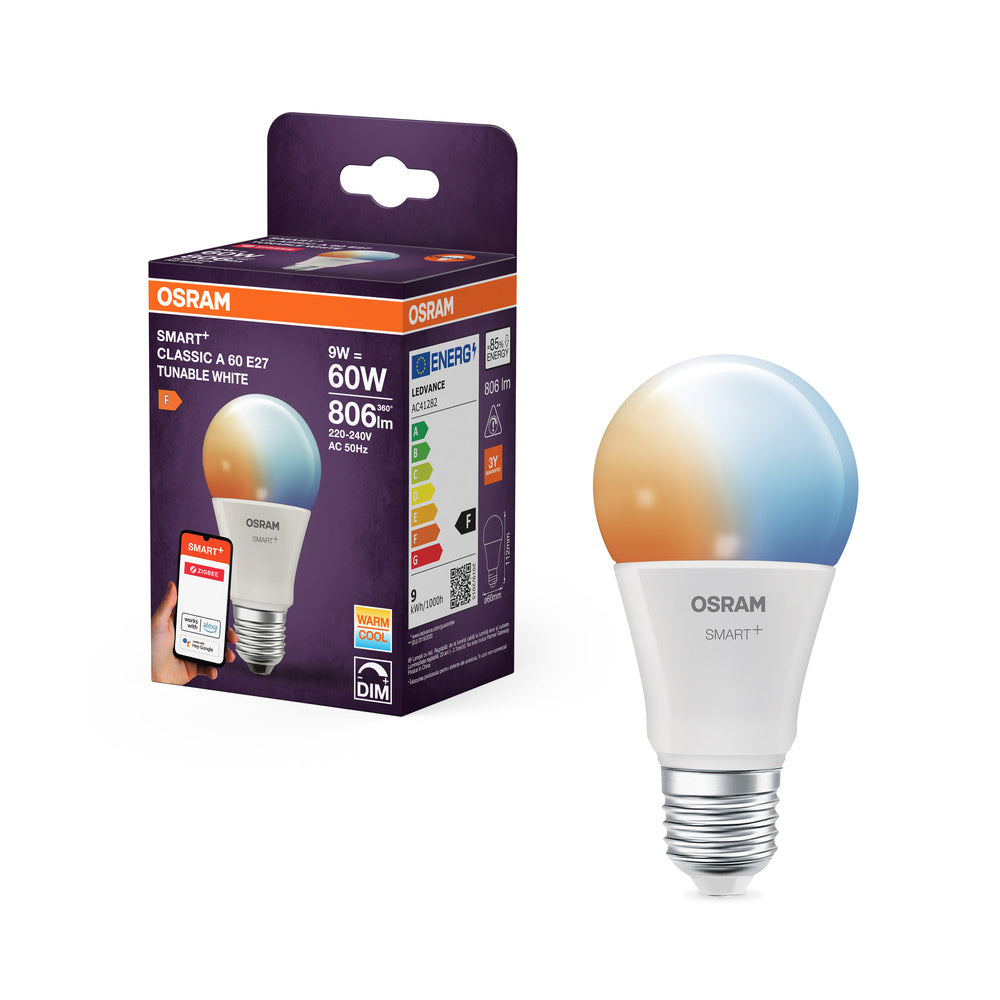 Lámpara OSRAM Smart+ con tecnología ZigBee, 9 W, A60, mate, casquillo E27, color de luz blanco modulable, 806 lm