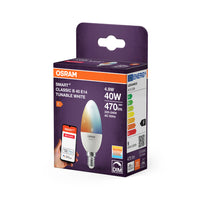 Lámpara OSRAM Smart+ con tecnología ZigBee, 5 W, equivalente a 40 W, casquillo E14, color de luz blanco regulable, 470 lm