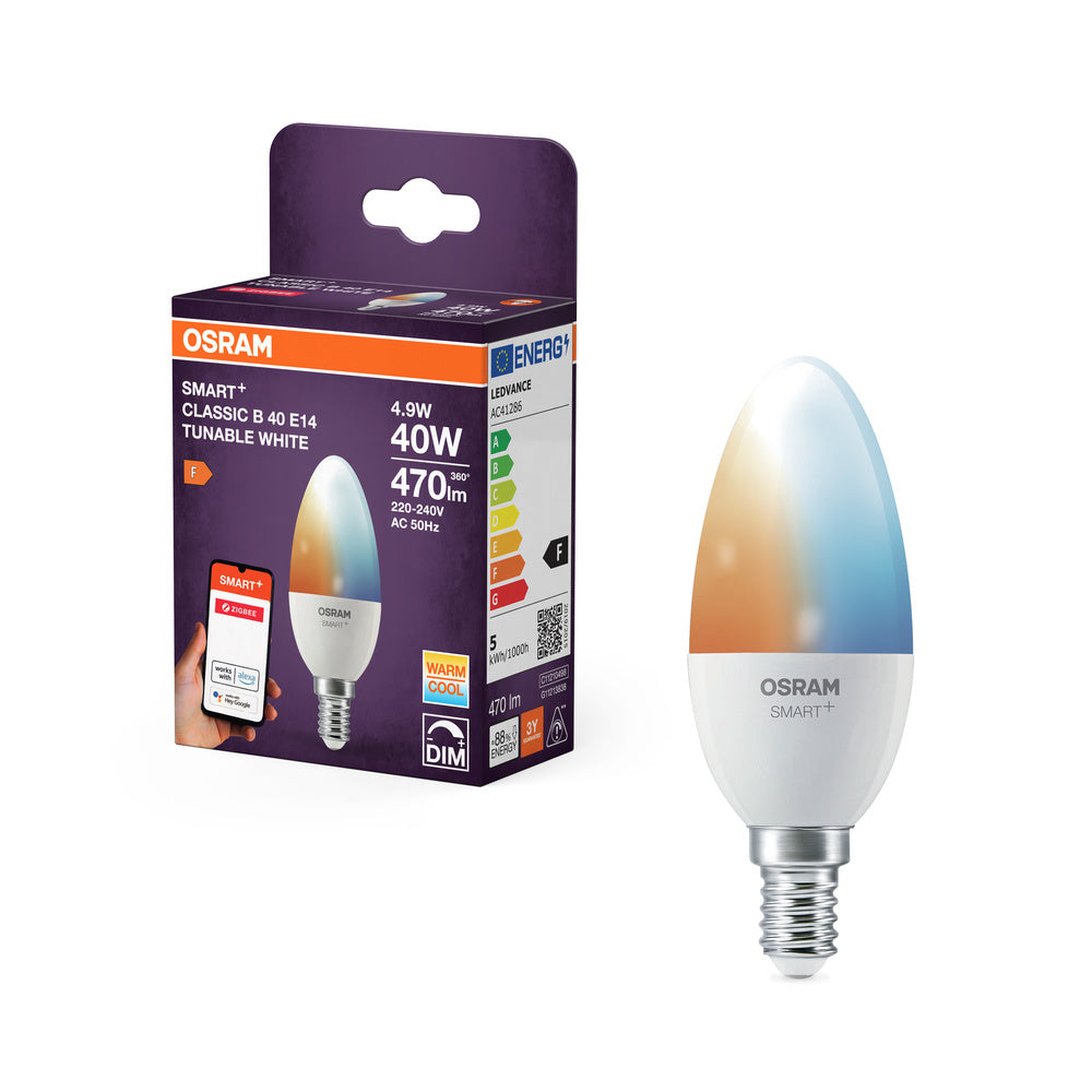 Lámpara OSRAM Smart+ con tecnología ZigBee, 5 W, equivalente a 40 W, casquillo E14, color de luz blanco regulable, 470 lm