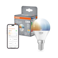 OSRAM SMART+ MATTER Classic Blanco regulable en formato P, bombilla LED, mate, 4,9 W, 470 lm, de 2700 a 6500 K, Matter, compatible con altavoces inteligentes, regulable