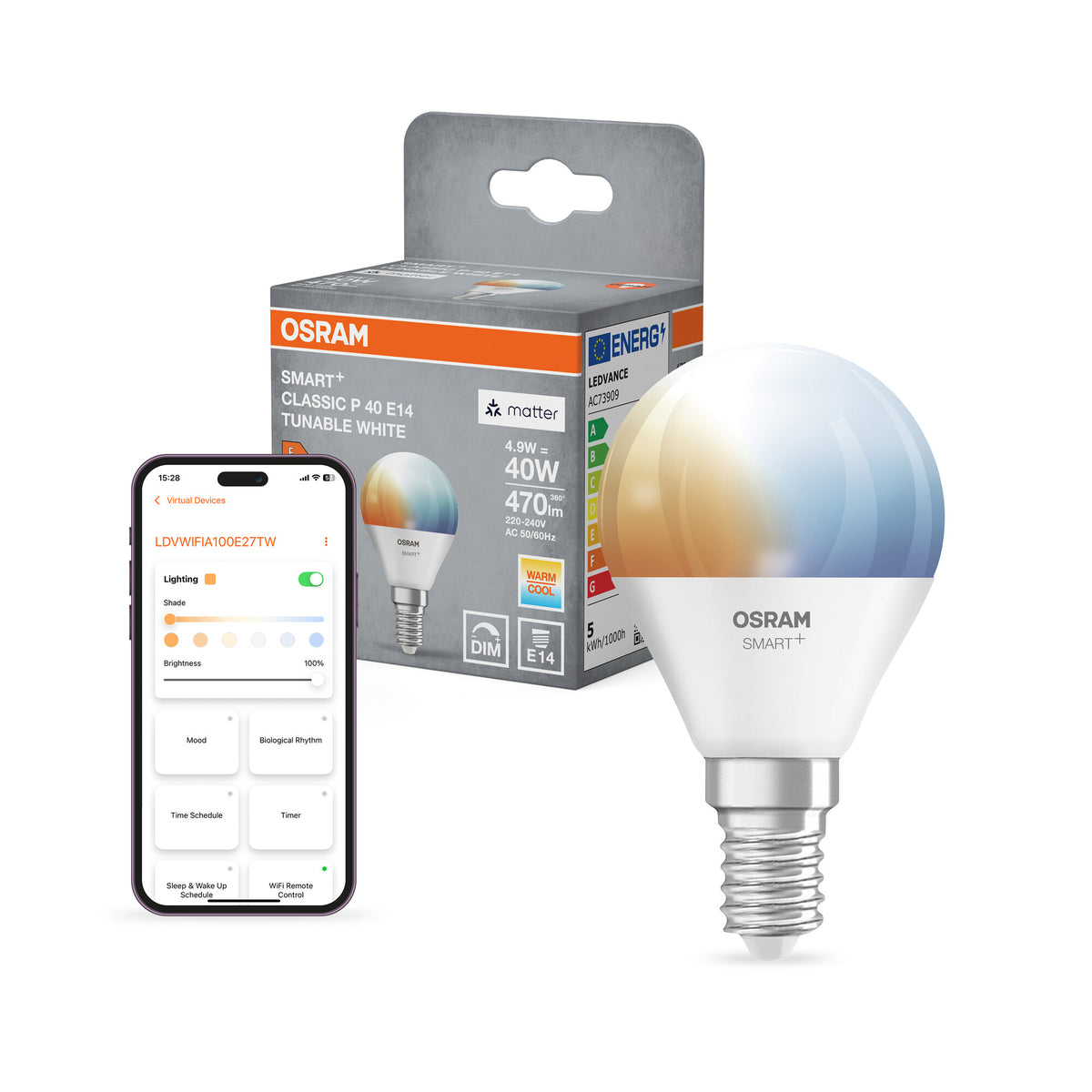 OSRAM SMART+ MATTER Classic Blanco regulable en formato P, bombilla LED, mate, 4,9 W, 470 lm, de 2700 a 6500 K, Matter, compatible con altavoces inteligentes, regulable