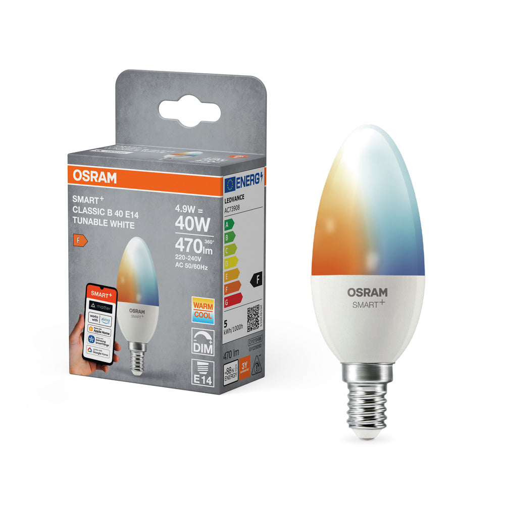 OSRAM Matter SMART+ Candle LED Lampe 4,9W TW FR E14, 470 lm, 2700…6500 K, Tunable White