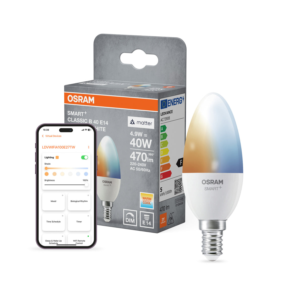 OSRAM SMART+ MATTER Classic Blanco regulable en forma de B, lámpara LED, mate, 4,9 W, 470 lm, de 2700 a 6500 K, Matter, compatible con altavoces inteligentes, regulable