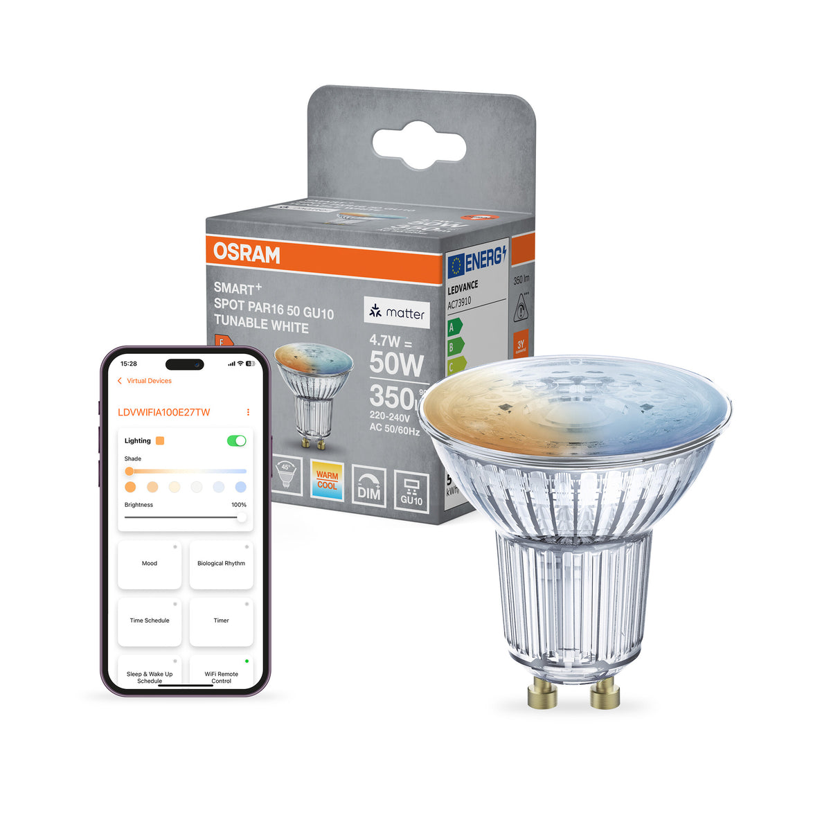 OSRAM SMART+ MATTER Spot Temperatura de color regulable  en formato PAR16, foco LED, cristal, 4,7 W, 350 lm, de 2700 a 6500 K, Matter, compatible con altavoces inteligentes, regulable