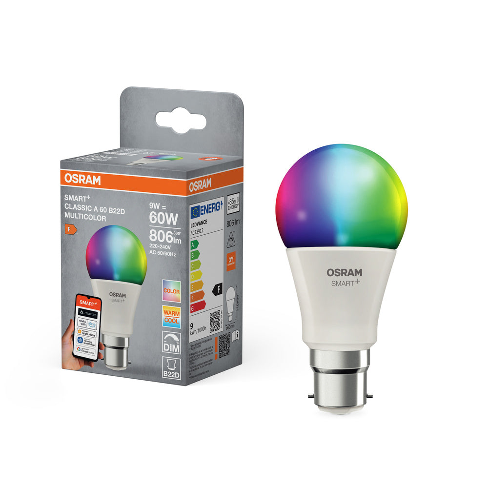 Lámpara LED OSRAM Matter SMART+ Classic RGBW FR B22D 9W, 806 lm, 2700…6500 K, RGBW