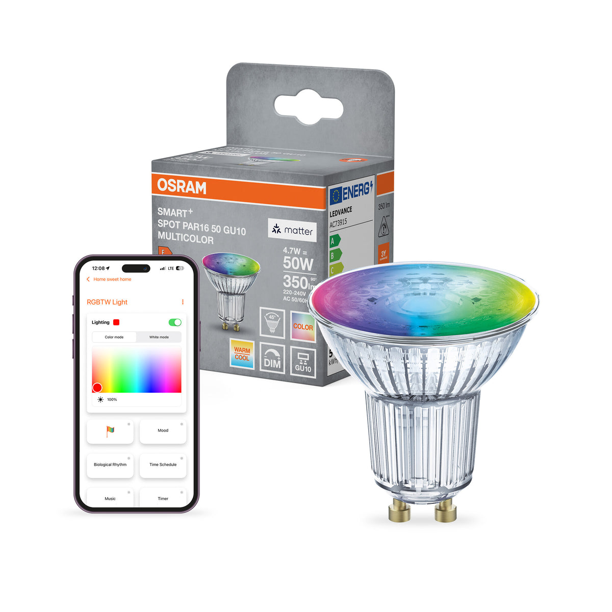 OSRAM SMART+ MATTER Spot Multicolor en formato PAR16, foco LED, cristal, 4,7 W, 350 lm, de 2700 a 6500 K, Matter, compatible con altavoces inteligentes, regulable