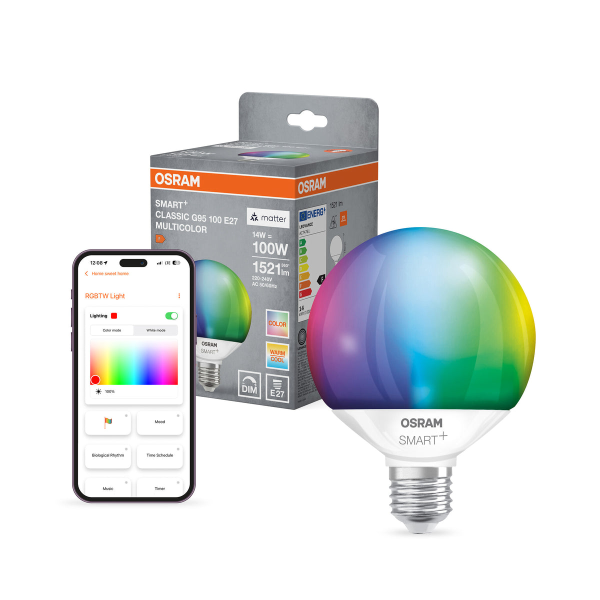 OSRAM SMART+ MATTER Classic formas multicolor con forma de globo, bombilla LED, mate, 14 W, 1521 lm, de 2700 a 6500 K, Matter, compatible con altavoces inteligentes, regulable