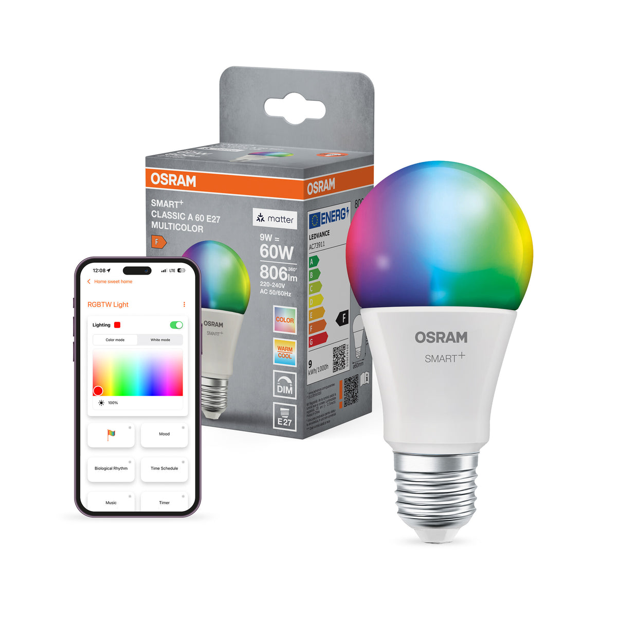OSRAM SMART+ MATTER Classic shapes Multicolor in A-Form, LED-Lampe, Matt, 9 W, 806 lm, von 2700 bis 6500 K, Matter, Smartspeaker-Kompatibel, Dimmbar