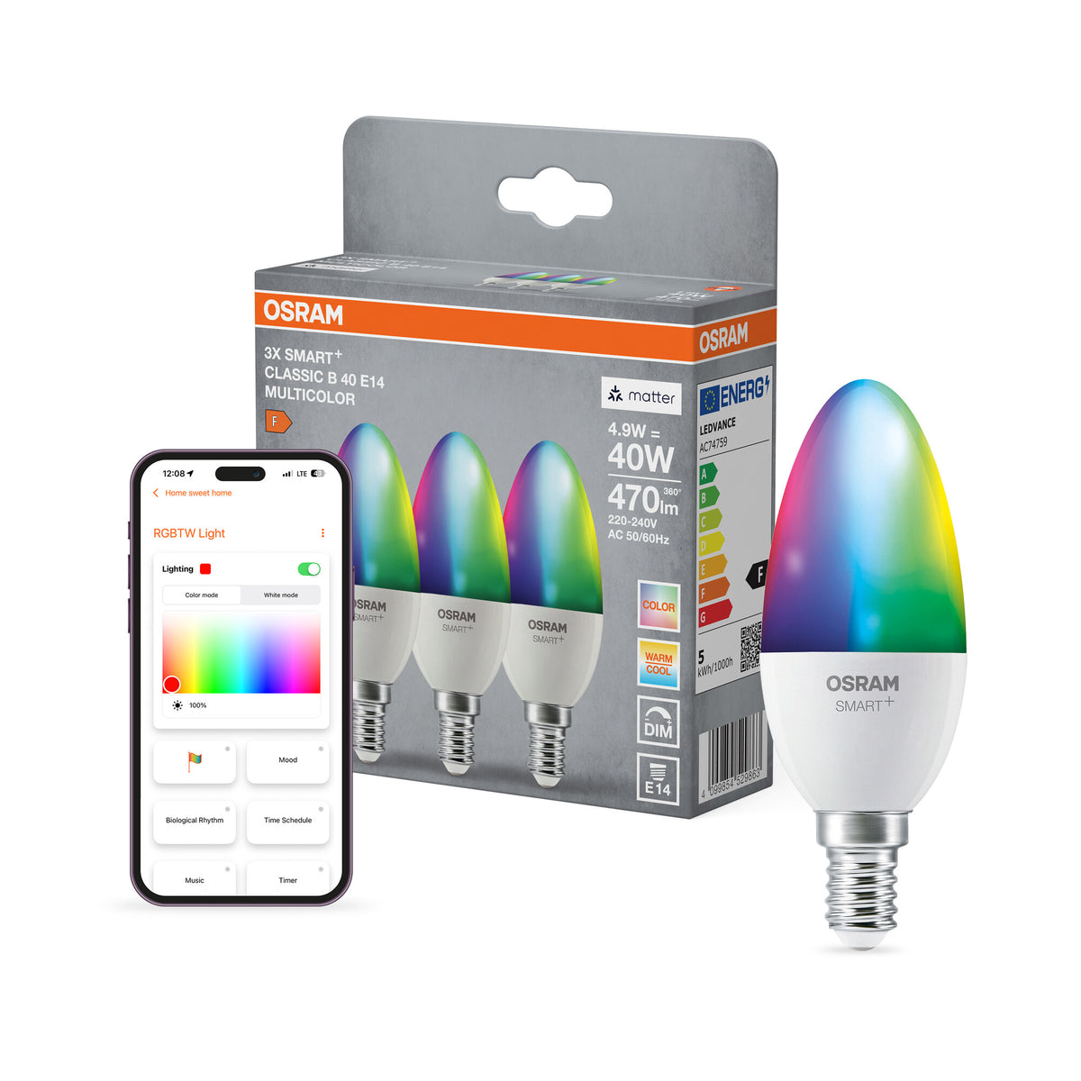 OSRAM SMART+ MATTER Classic Multicolor en forma de B, lámpara LED, mate, 4,9 W, 470 lm, de 2700 a 6500 K, Matter, compatible con altavoces inteligentes, regulable