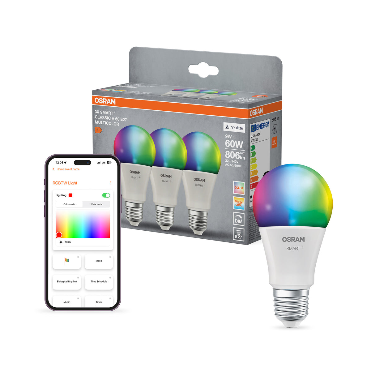OSRAM SMART+ MATTER Classic formas multicolor en forma de A, bombilla LED, mate, 9 W, 806 lm, de 2700 a 6500 K, Matter, compatible con altavoces inteligentes, regulable