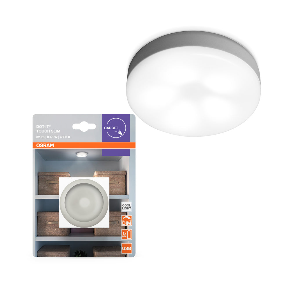 Lámpara LED OSRAM a batería para paredes y parte inferior de armarios, DOT-it Touch 0,45 W, 5 V, blanco frío 4000 K