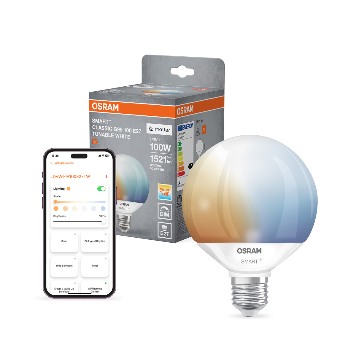 OSRAM SMART+ MATTER Classic shapes Tunable white in Globus-Form, LED-Lampe, Matt, 14 W, 1521 lm, von 2700 bis 6500 K, Matter, Smartspeaker-Kompatibel, Dimmbar