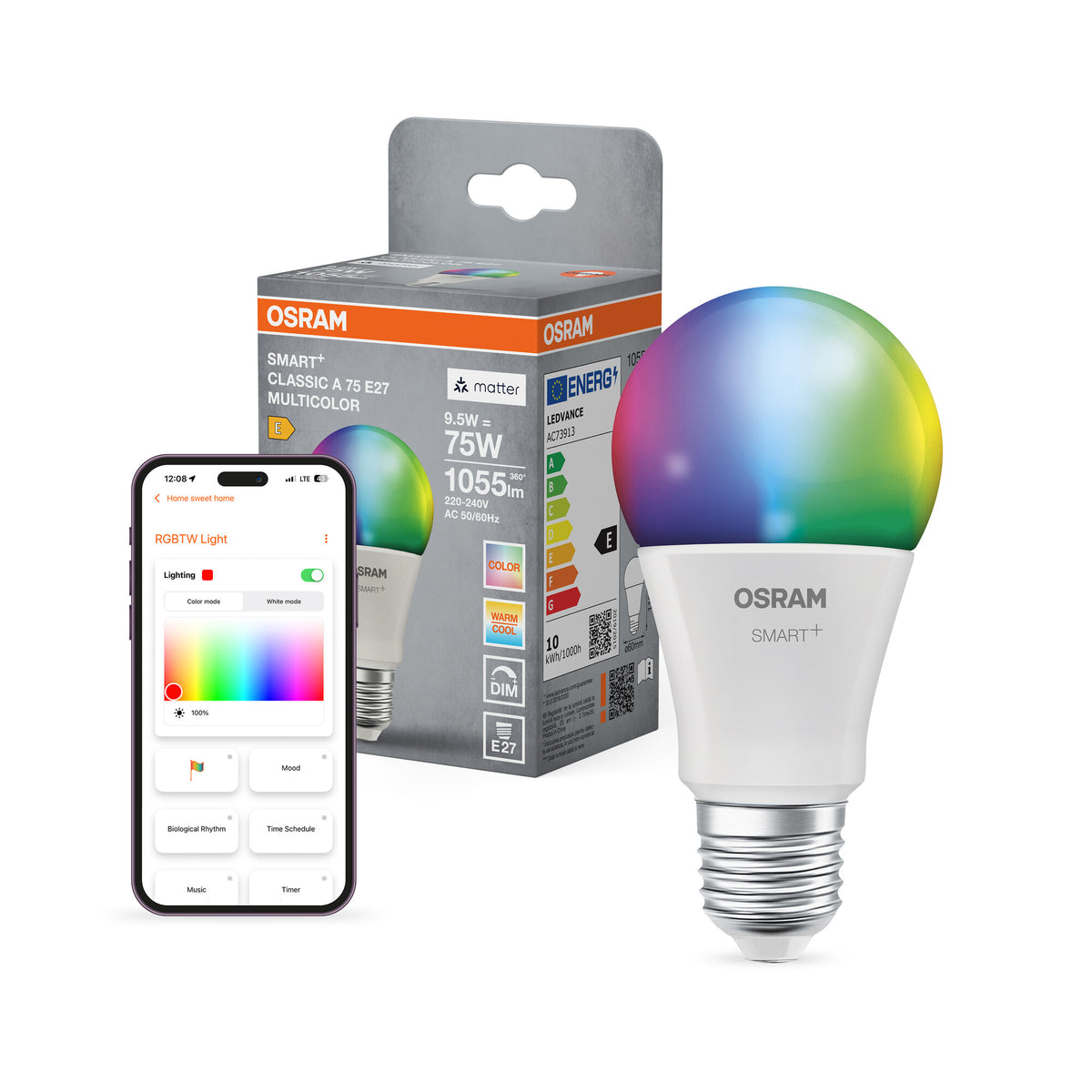 OSRAM SMART+ MATTER Classic formas multicolor en forma de A, lámpara LED, mate, 9,5 W, 1055 lm, de 2700 a 6500 K, Matter, compatible con altavoces inteligentes, regulable
