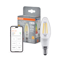 OSRAM SMART+ MATTER Filament Classic formas Regulable en forma de B, bombilla LED, cristal transparente, 4 W, 470 lm, 2700 K, Matter, compatible con altavoces inteligentes, regulable