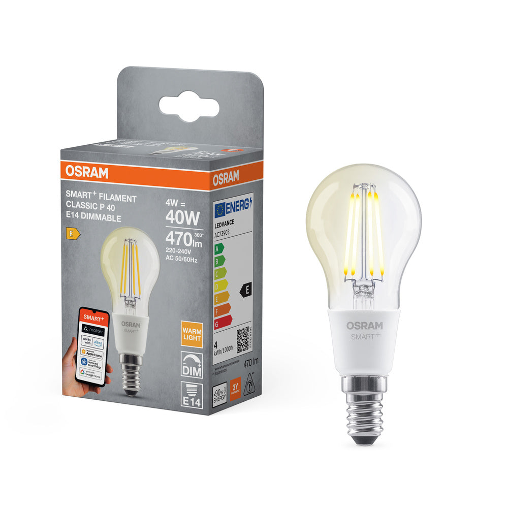 OSRAM Matter SMART+ smarte LED LAMPE, klassische Form, 4W, 2700K, Warmweiß, E14
