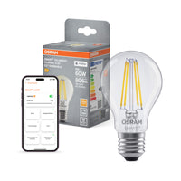 OSRAM SMART+ MATTER Filament Classic formas regulables en forma de A, lámpara LED, cristal transparente, 6 W, 806 lm, 2700 K, Matter, compatible con altavoces inteligentes, regulable