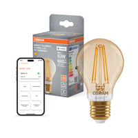OSRAM SMART+ MATTER Filament Classic formas regulables en forma de A, lámpara LED, cristal, dorado, 6 W, 680 lm, 2400 K, Matter, compatible con altavoces inteligentes, regulable