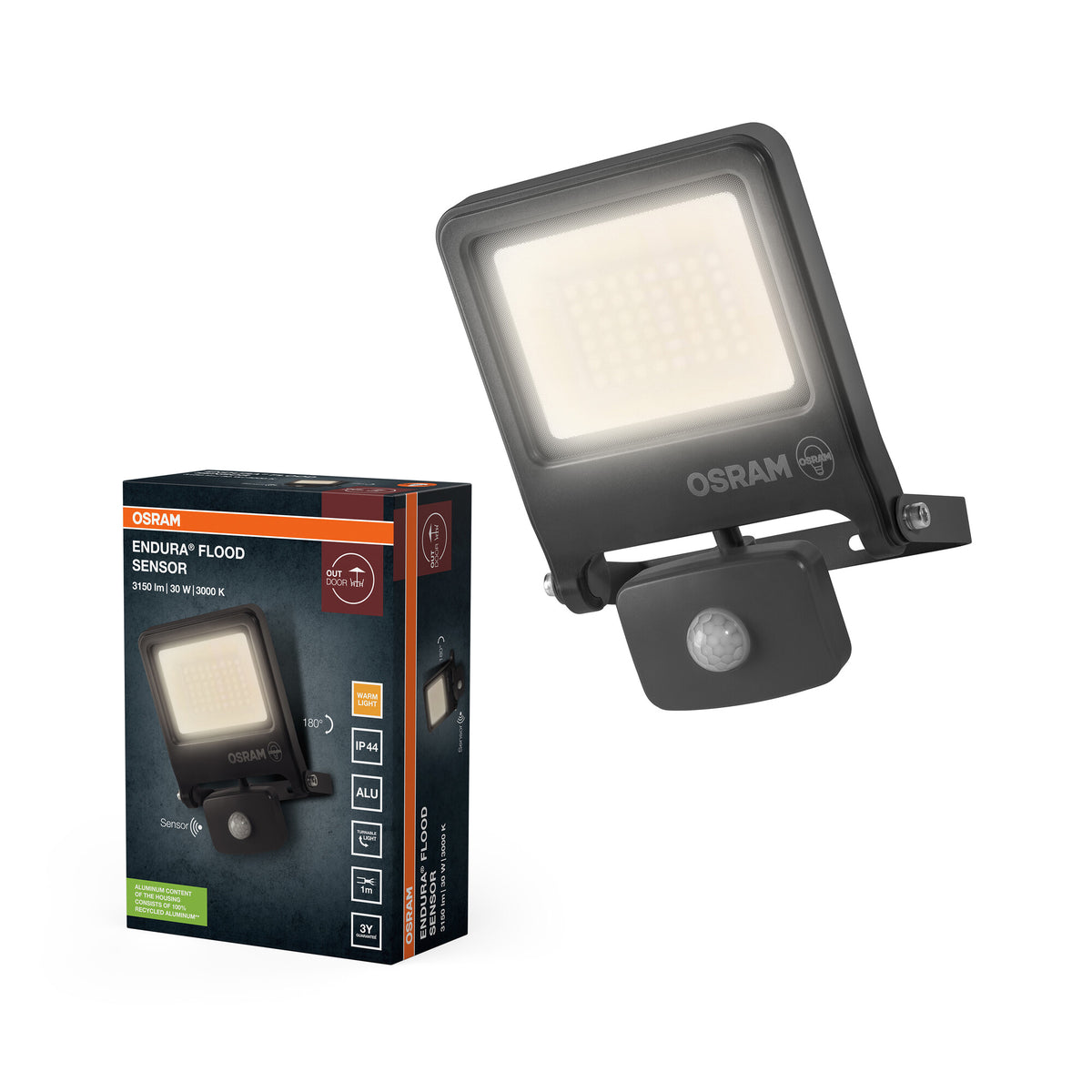 Proyector LED OSRAM ENDURA FLOOD PC 30W con sensor, blanco cálido 3000K, 3000 lúmenes, IP44, detector de movimiento de 9 m, temporizador de 5 s a 10 min