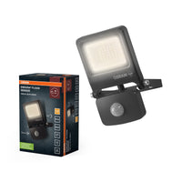Proyector LED OSRAM ENDURA FLOOD PC 20 W con sensor, blanco cálido 3000 K, 1800 lúmenes, IP44, detección de movimiento, tiempo de activación ajustable de 5 s a 10 min, gris