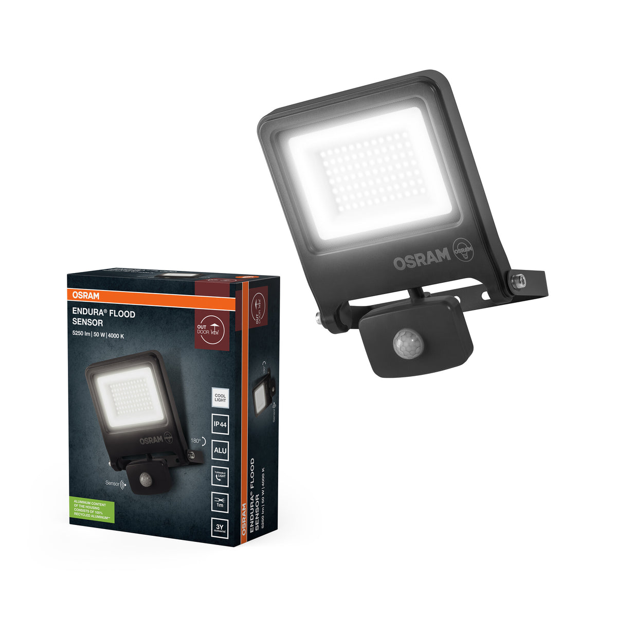 OSRAM ENDURA FLOOD PC 50W LED-Fluter mit Sensor, 4000K, 5000 Lumen, IP44 Flutlicht IR-Melder, einstellbare Reichweite bis 9m, Dunkelgrau