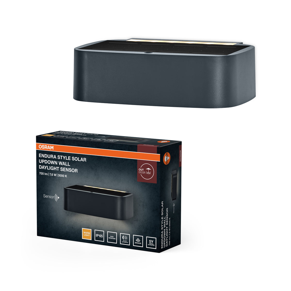 OSRAM Endura Aplique LED solar de estilo Updown, 7,6 W, 3000 K (blanco cálido), 520 lm, sensor de luz diurna, IP65