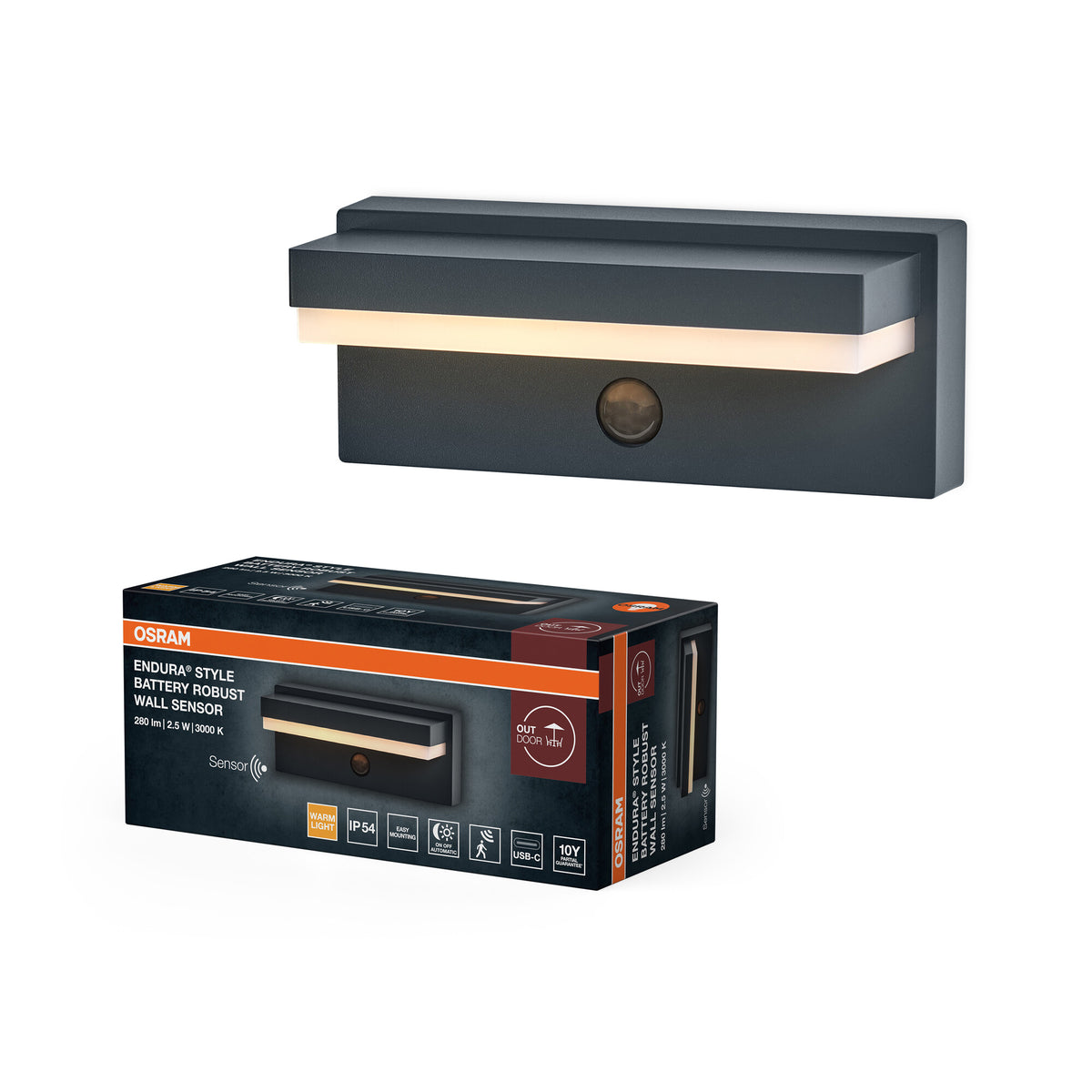 OSRAM Endura Aplique LED recargable, resistente, 2,5 W, 3000 K (blanco cálido), 180 lm, USB, sensor PIR, 2 meses