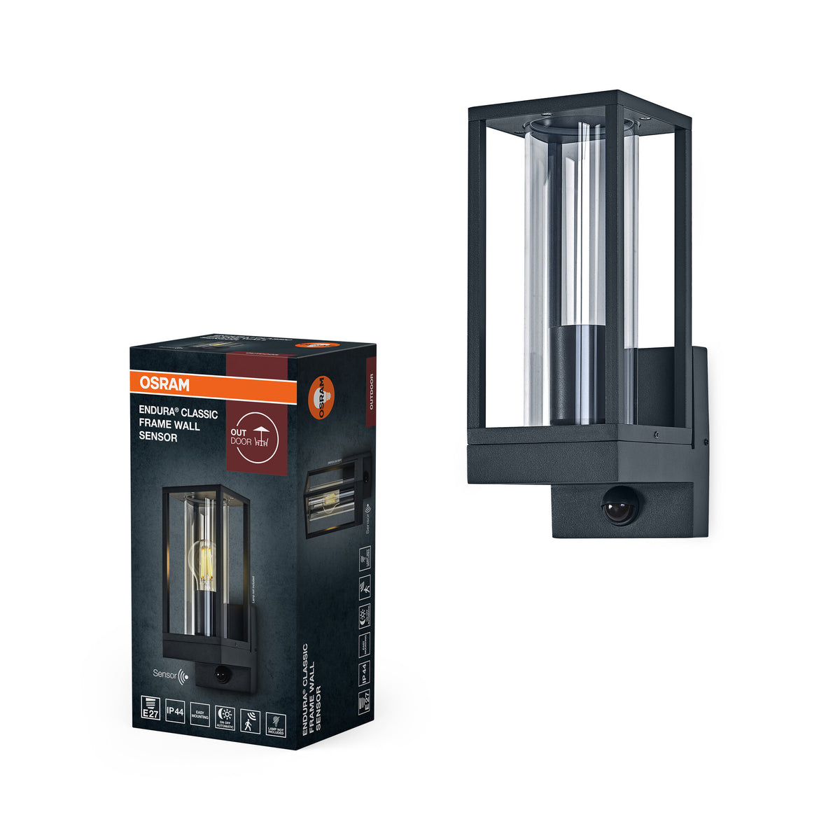 OSRAM Endura Classic Aplique LED Frame, casquillo E27, sensor PIR, IP44, aluminio gris oscuro, cristal