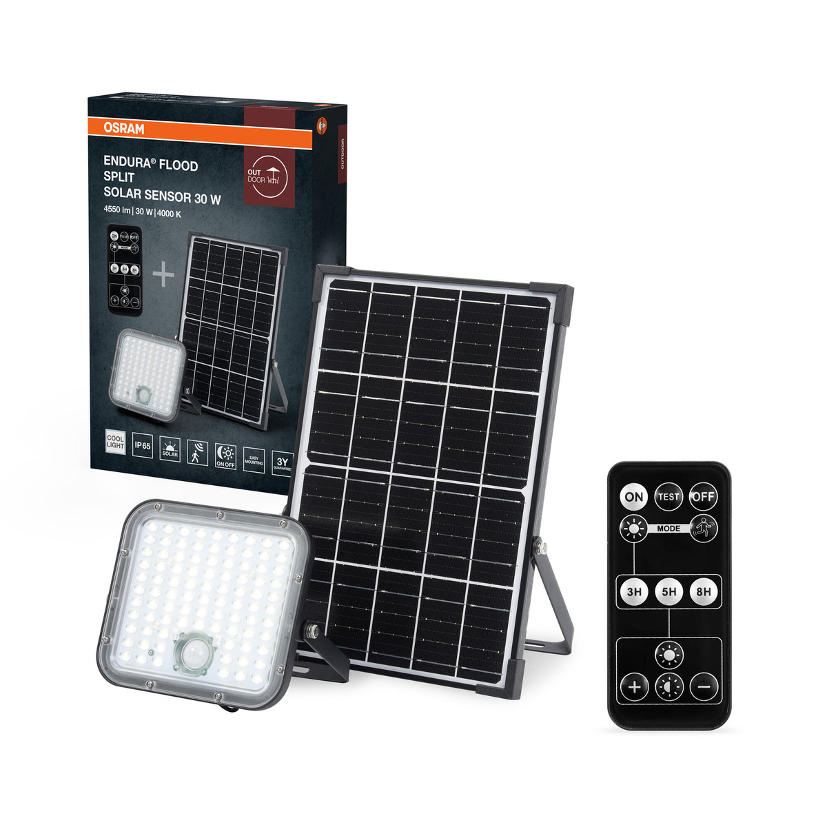 Lámpara LED solar para exterior de OSRAM Endura Outdoor negra con foco y panel solar, cable de 5 m, con mando a distancia y sensor de movimiento PIR, 30 W, 4500 lm, 840, temperatura de color de 4000 K, EEK A