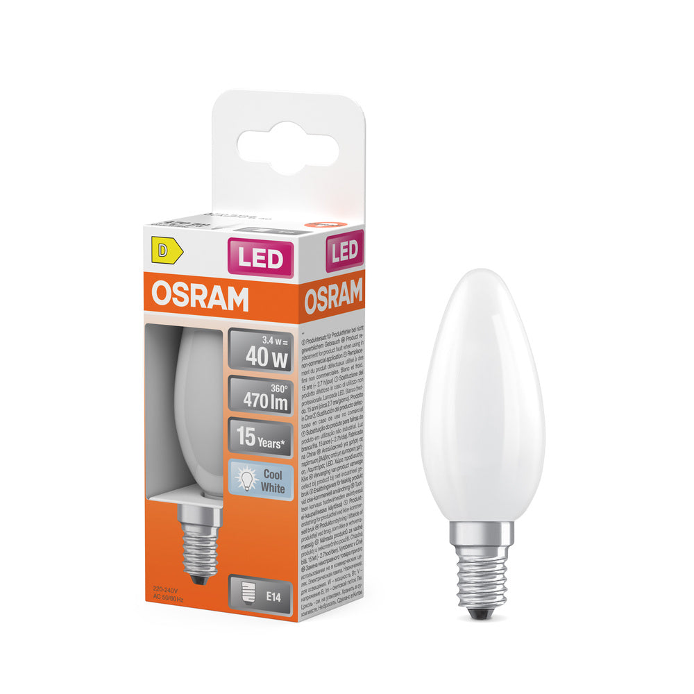 Lámpara LED OSRAM Retrofit Classic B, forma de vela, mate (ex 40W), 4W/4000K, blanco frío, E14