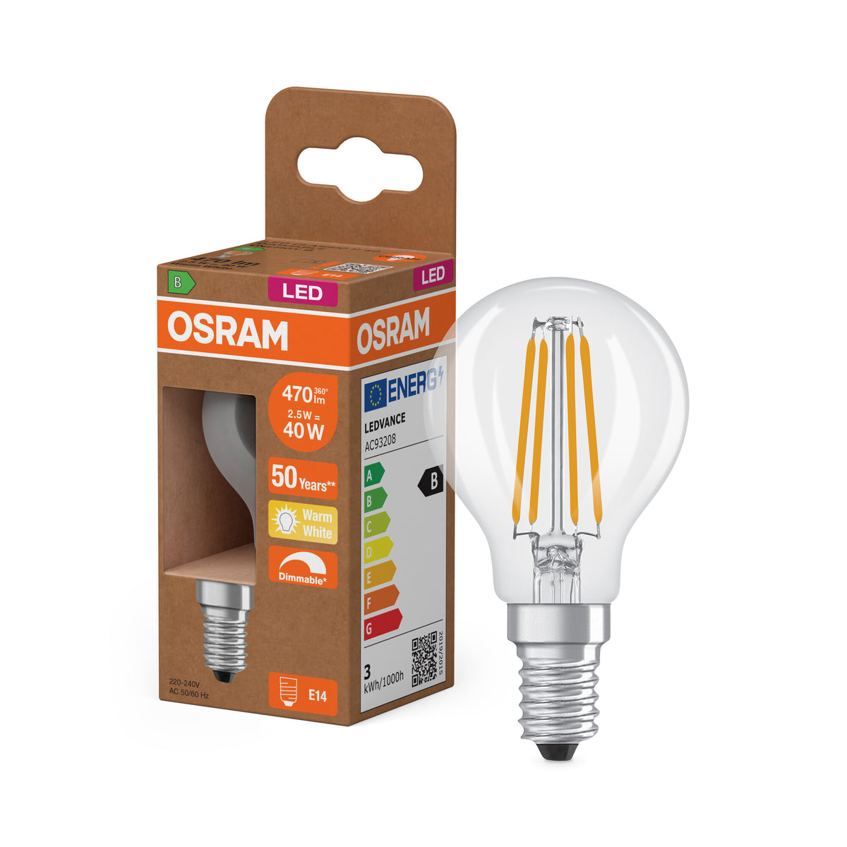 OSRAM LED CLASSIC P ENERGY EFFICIENCY B DIM en forma de P, bombilla LED, cristal transparente, 2,5 W, 470 lm, 2700 K, regulable, CRI 80