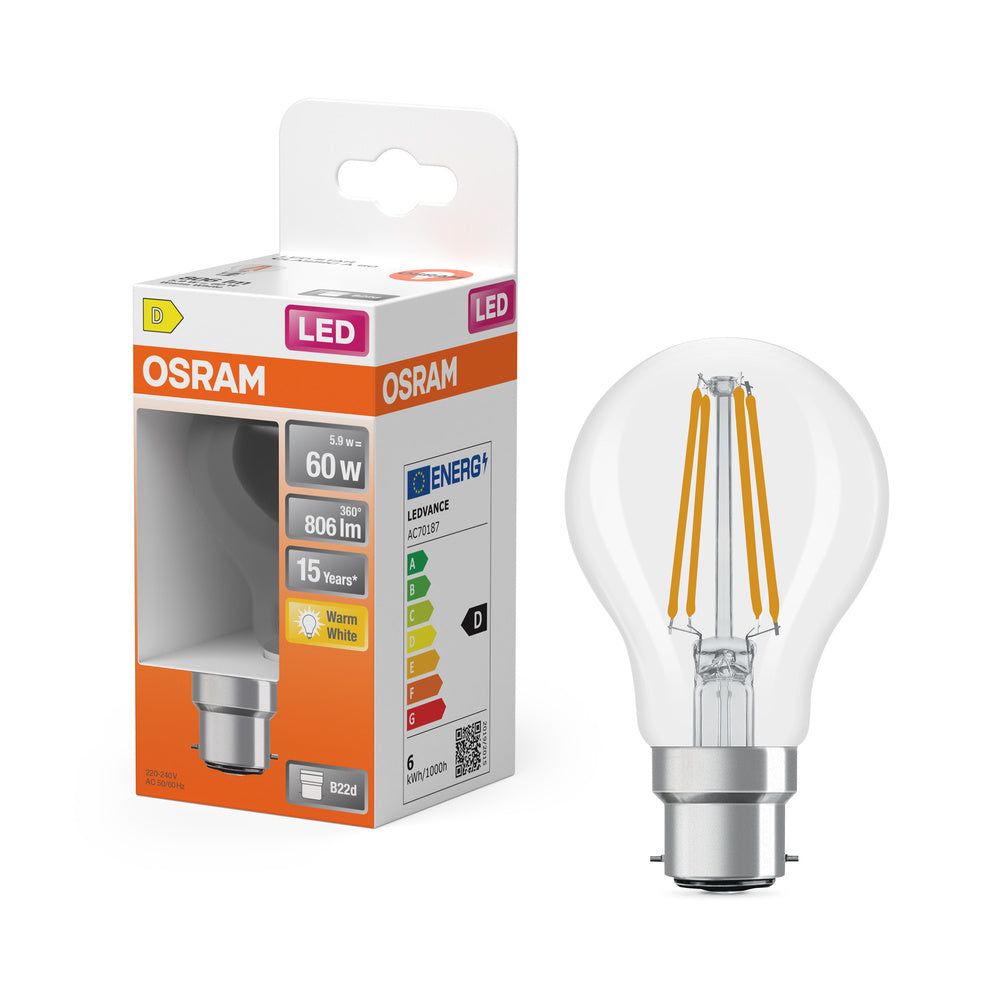 Lámpara LED OSRAM LED Retrofit CLASSIC A 6,5 W 827 Clear B22d, 806 lm, 2700 K, blanco cálido