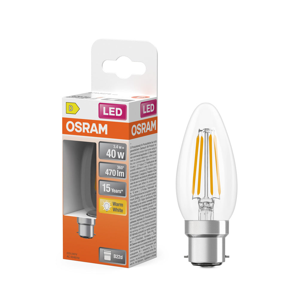 Lámpara LED OSRAM LED Retrofit CLASSIC B 4W 827 Clear B22d, 470 lm, 2700 K, blanco cálido