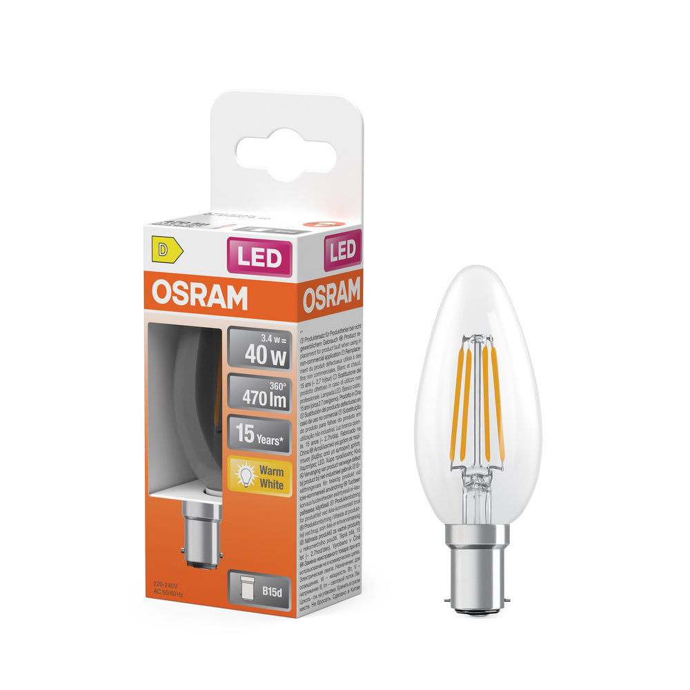Lámpara LED OSRAM Retrofit CLASSIC B 4W 827 Clear B15d, 470 lm, 2700 K, blanco cálido
