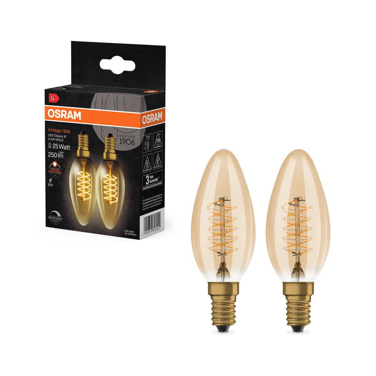 OSRAM Vintage 1906 Lámpara LED CLASSIC A,B,P SLIM FILAMENT regulable 3,4 W 822 Oro E14