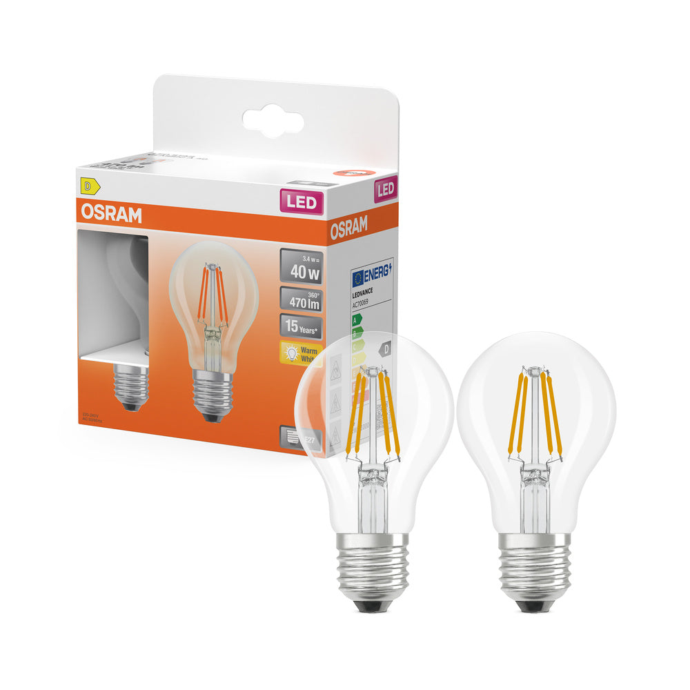 Bombillas LED OSRAM, forma clásica, equivalente a 40 W, E27, forma A, 2700 Kelvin, blanco cálido, vidrio transparente, paquete de 2