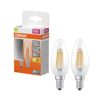 Bombillas LED OSRAM, forma clásica de mini vela, equivalente a 40 vatios, E14, forma B, 2700 Kelvin, blanco cálido, vidrio transparente, paquete de 2