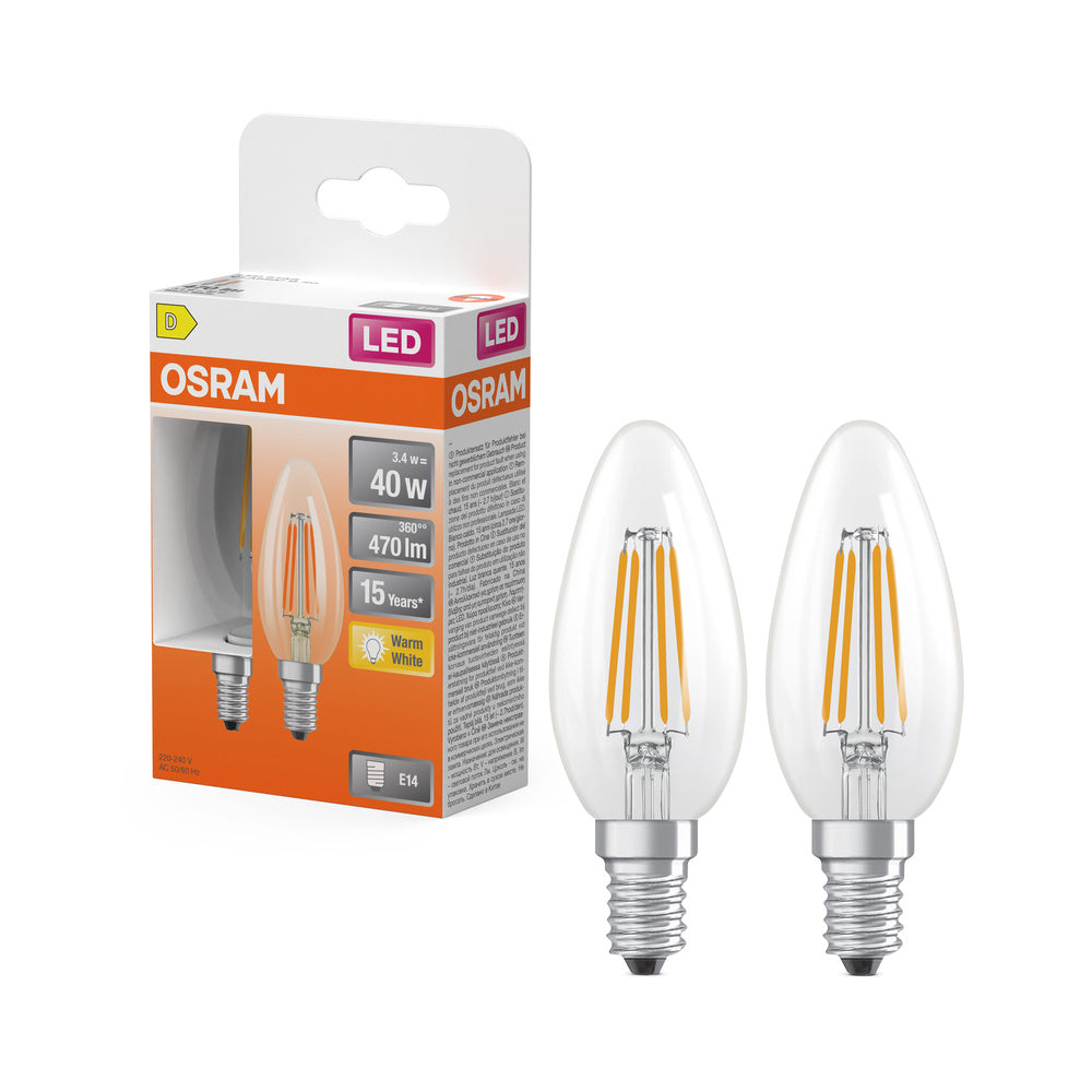 Bombillas LED OSRAM, forma clásica de mini vela, equivalente a 40 vatios, E14, forma B, 2700 Kelvin, blanco cálido, vidrio transparente, paquete de 2