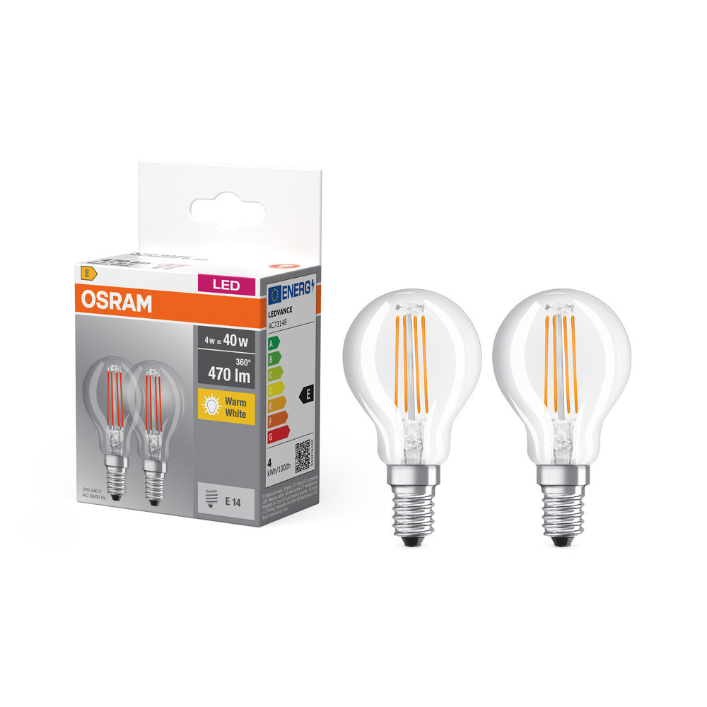Lámpara LED OSRAM BASE CLASSIC P 4W 827 Transparente E14 paquete de 2