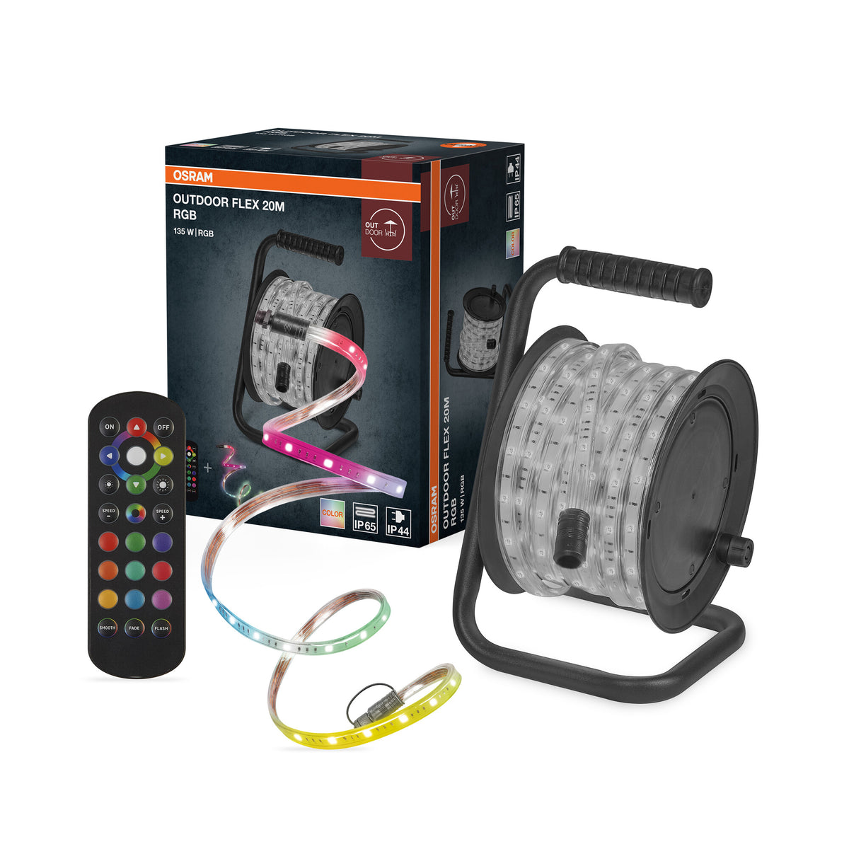 OSRAM Outdoor Flex Tira LED RGB de 20 m, IP65, con mando a distancia incluido, ampliable hasta 50 m, con carrete, cable de conexión y accesorios