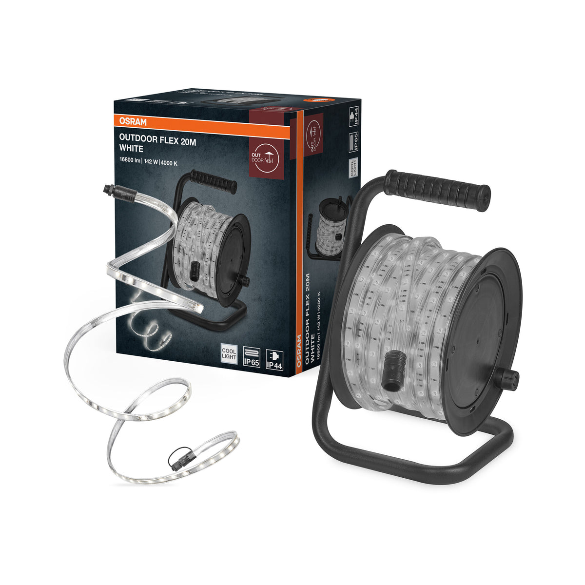 Tiras LED OSRAM Outdoor Flex de 20 m, IP65, blanco frío, ampliables hasta 50 m, con carrete, accesorios de montaje y cable de conexión