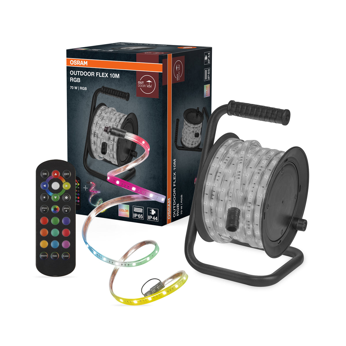 OSRAM Outdoor Flex Tira LED RGB de 10 m, IP65, con mando a distancia incluido, ampliable hasta 50 m, con carrete, cable de conexión y accesorios