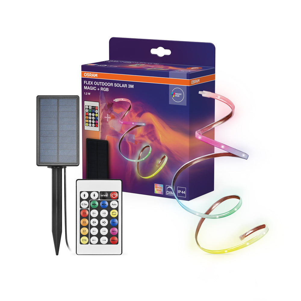 OSRAM FLEX OUTDOOR SOLAR flexibler LED-Lichtstreifen, 3M, 1.2W, RGB-Farbsteuerung, solarbetrieben, IP44, mit Fernbedienung, dimmbar