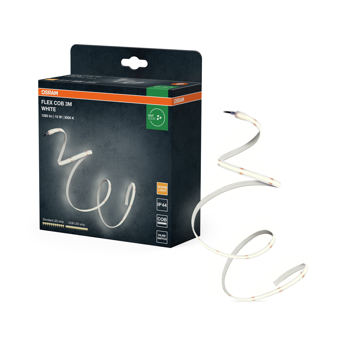 Tira LED OSRAM FLEX COB OUTDOOR 3M, blanca, 13 W, 1900 lm, luz blanca cálida, tecnología COB, distribución homogénea de la luz, larga vida útil, fácil instalación, clase de protección IP44, 3000 K