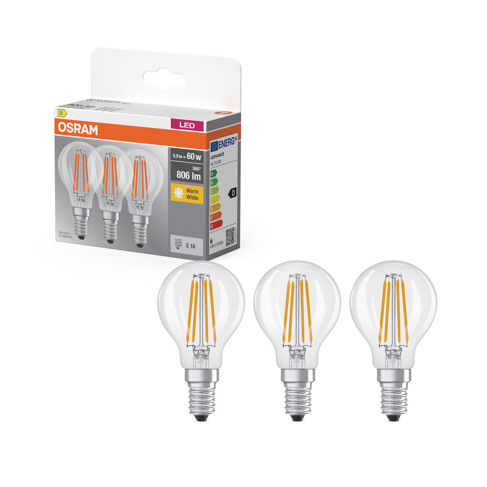 Base LED OSRAM Classic P 5,9 W 827 transparente E14