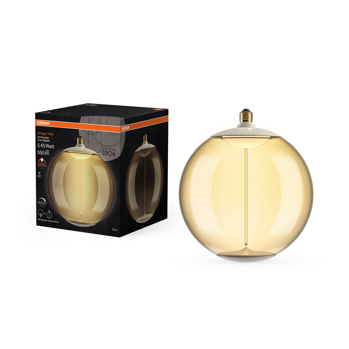 Lámpara decorativa LED grande OSRAM Vintage 1906 con filamento magnético, regulable, 12 W, ámbar 818, E27