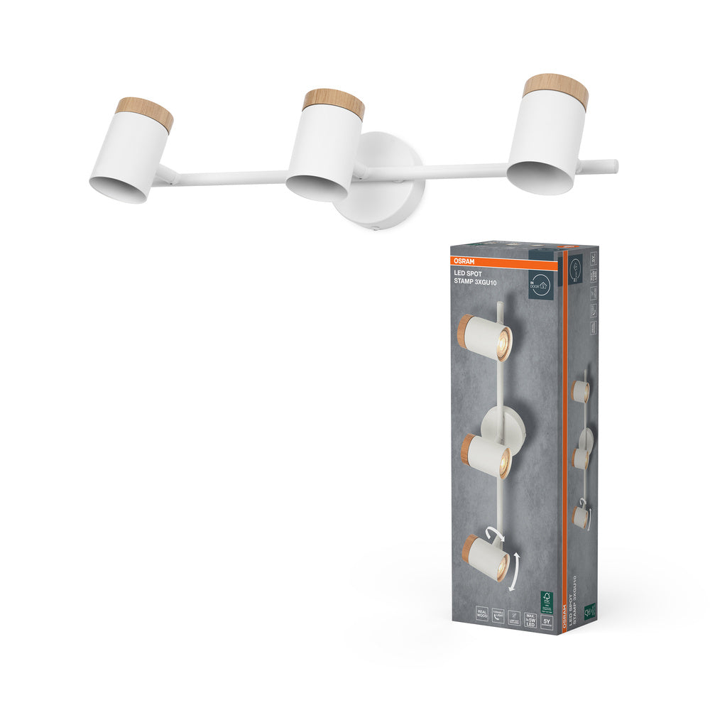 Lámpara de techo OSRAM LED Spot Stamp 3xGU10 blanca y madera
