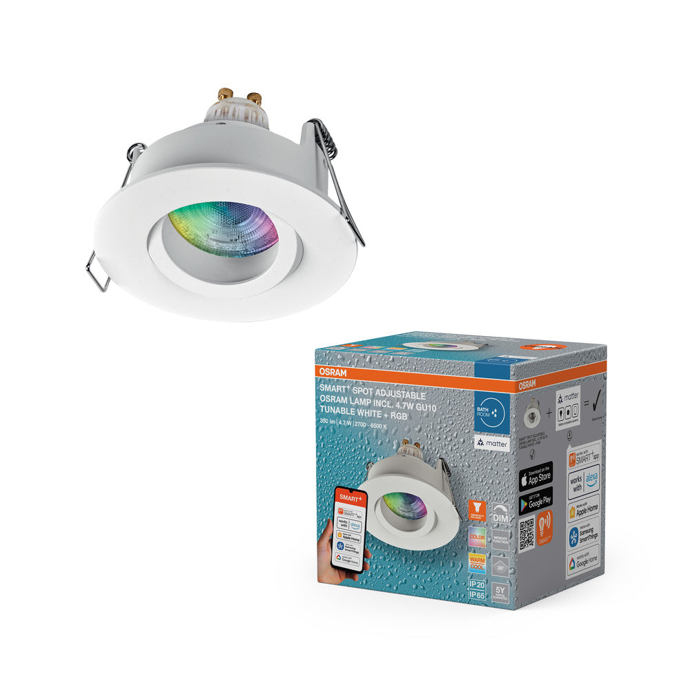 Foco empotrable inteligente LED OSRAM Matter SMART+ para baño, GU10, IP65, orientable, 4,7 W RGBW, blanco, Ø68 mm