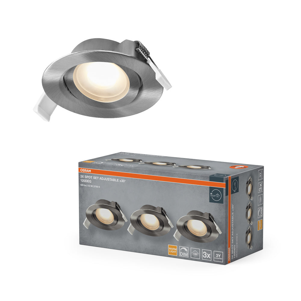Conjunto de focos empotrables OSRAM LED Spot Recess DIM 4,9 W 120° Níquel satinado ⌀75 mm
