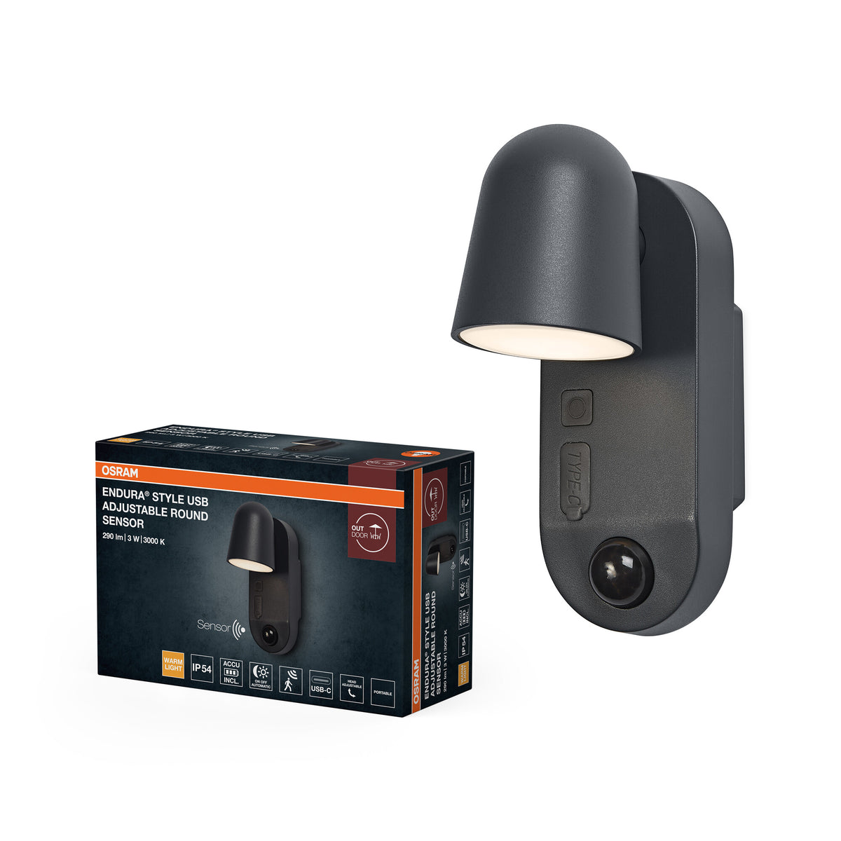 Lámpara de pared para exterior OSRAM, gris oscuro, batería con USB-C, IP54, 3 W, 155 lm, 3000 K, ángulo de haz de 100°, sensor de movimiento PIR, sensor de luz natural, 50 000 h de vida útil